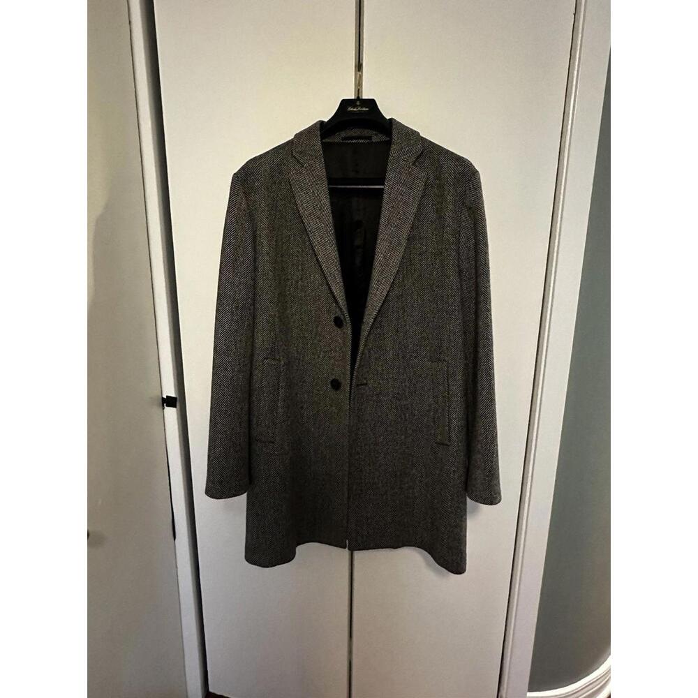 Drapeau Noir Men's Gray Herringbone Wool Coat - French